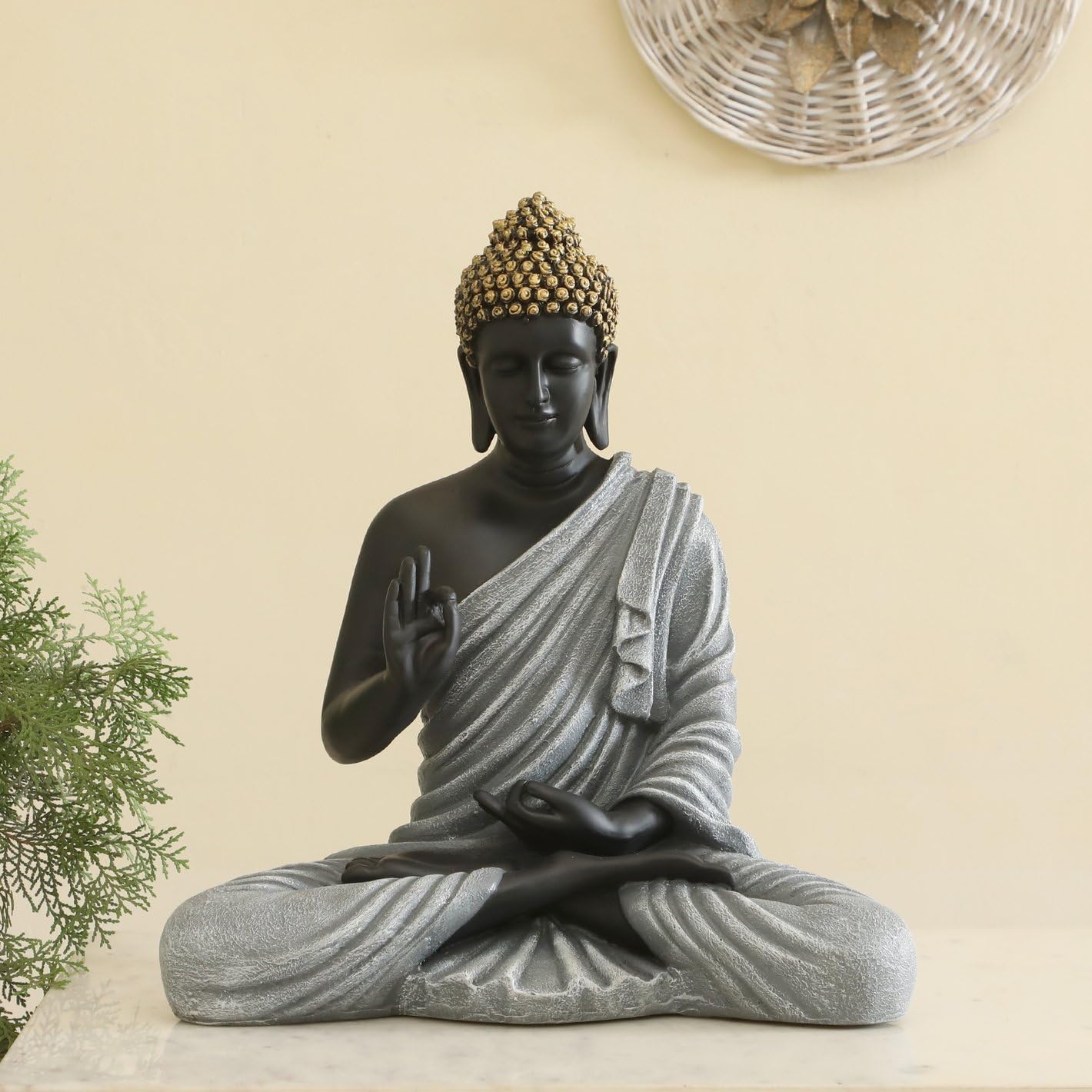 Elegant Zen Meditating Buddha Figurine Black Grey Resin Figure Home Decor Accent 1 Zen Meditating Buddha Statue Black & Grey Resin Idol - Karigaari India Aesthetic Home Decor