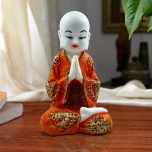 Handcrafted Ployresin Lord Buddha Praying  White And Orange Statue Showpiece Home Decor/Office Decor/Spiritual Gift - Karigaari India Aesthetic Home Decor