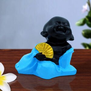 Handcrafted Ployresin Lord Buddha Sitting With Hand Fan Statue Showpiece Home Decor/Office Decor/Spiritual Gift, Black And Blue - Karigaari India Aesthetic Home Decor
