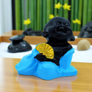 Handcrafted Ployresin Lord Buddha Sitting With Hand Fan Statue Showpiece Home Decor/Office Decor/Spiritual Gift, Black And Blue - Karigaari India Aesthetic Home Decor
