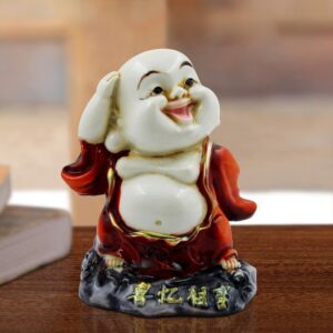 Handcrafted Ployresin Lord Buddha Standing With Putting Hand On Head Laughing Statue Showpiece Home Decor/Office Decor/Spiritual Gift, White And Red - Karigaari India Aesthetic Home Decor