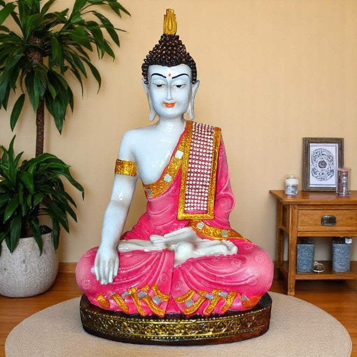 Graceful Artisan Ployresin Pink And Golden Colour Sitting Lord Buddha Figure Centerpiece Home Home Decor Office Decoration Spiritual Gift Premium Home Decor 1 Handcrafted Ployresin Pink And Golden Colour Sitting Lord Buddha Statue Showpiece Home Decor/Office Decor/Spiritual Gift - Karigaari India Aesthetic Home Decor