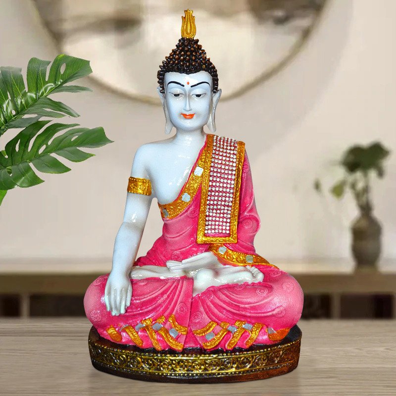 Graceful Artisan Ployresin Pink And Golden Colour Sitting Lord Buddha Figure Centerpiece Home Home Decor Office Decoration Spiritual Gift Premium Home Decor 2 Handcrafted Ployresin Pink And Golden Colour Sitting Lord Buddha Statue Showpiece Home Decor/Office Decor/Spiritual Gift - Karigaari India Aesthetic Home Decor