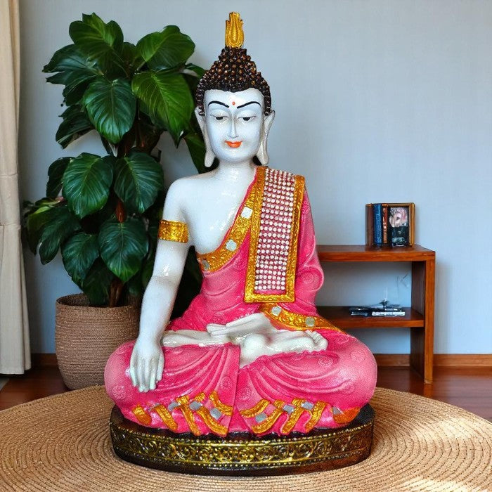 Graceful Artisan Ployresin Pink And Golden Colour Sitting Lord Buddha Figure Centerpiece Home Home Decor Office Decoration Spiritual Gift Premium Home Decor 3 Handcrafted Ployresin Pink And Golden Colour Sitting Lord Buddha Statue Showpiece Home Decor/Office Decor/Spiritual Gift - Karigaari India Aesthetic Home Decor
