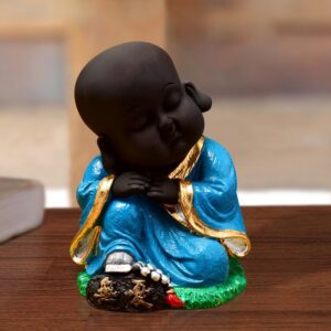 Handcrafted Ployresin Sitting And Sleeping Lord Buddha Statue Showpiece Home Decor/Office Decor/Spiritual Gift, Black And Sky Blue - Karigaari India Aesthetic Home Decor