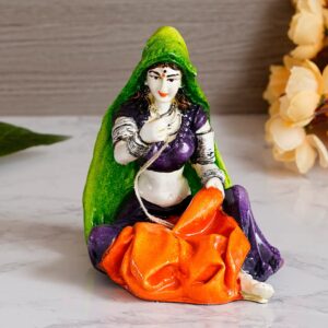 Handcrafted Rajasthani Woman Figurine Sewing Cloth Colorful Resin Art Sculpture for Home Décor & Gifting - Karigaari India Aesthetic Home Decor