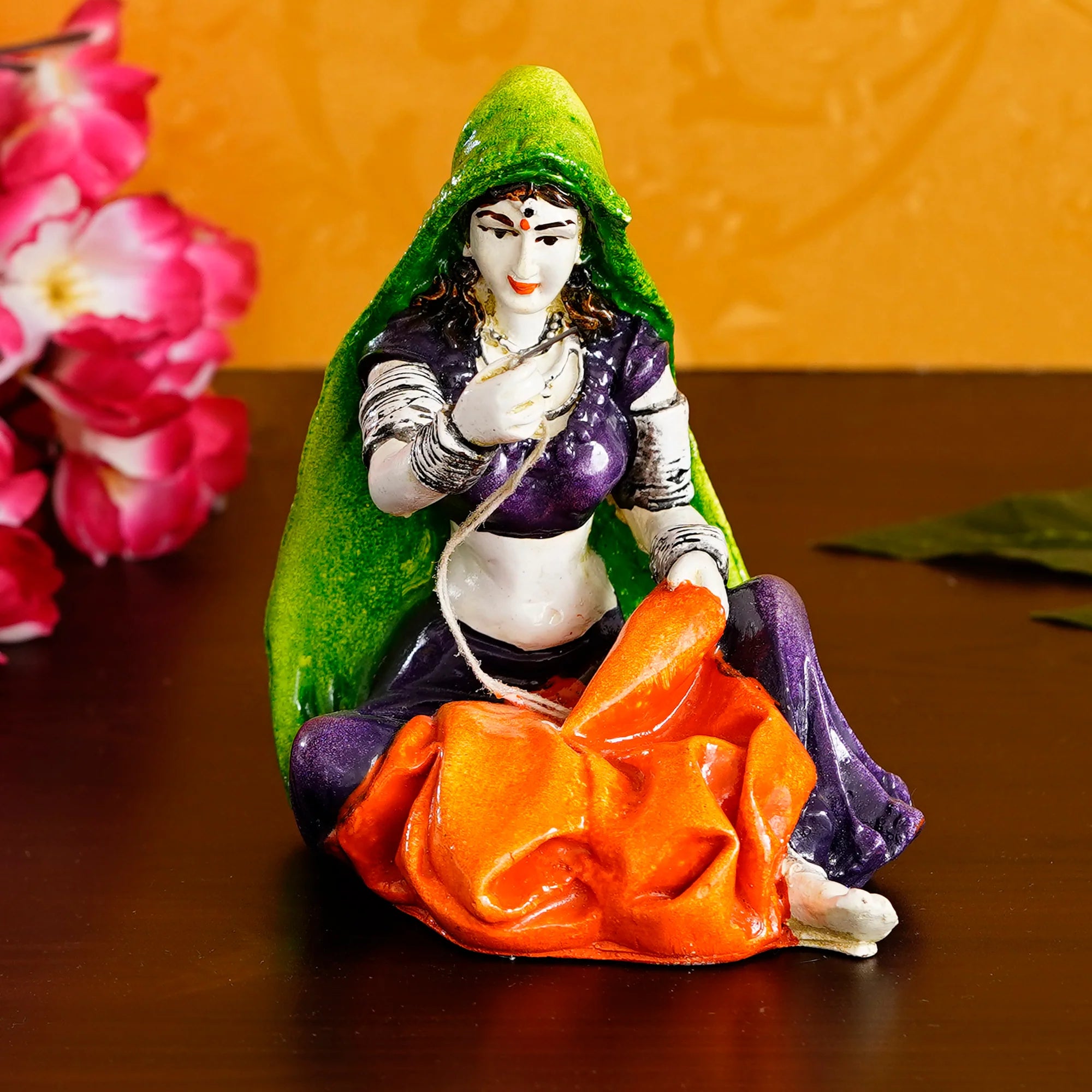 Handcrafted Rajasthani Woman Figurine Sewing Cloth Colorful Resin Art Sculpture for Home Décor & Gifting - Karigaari India Aesthetic Home Decor