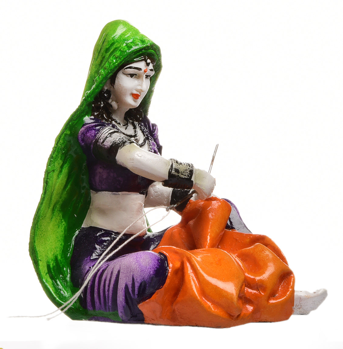 Handcrafted Rajasthani Woman Figurine Sewing Cloth Colorful Resin Art Sculpture for Home Décor & Gifting - Karigaari India Aesthetic Home Decor
