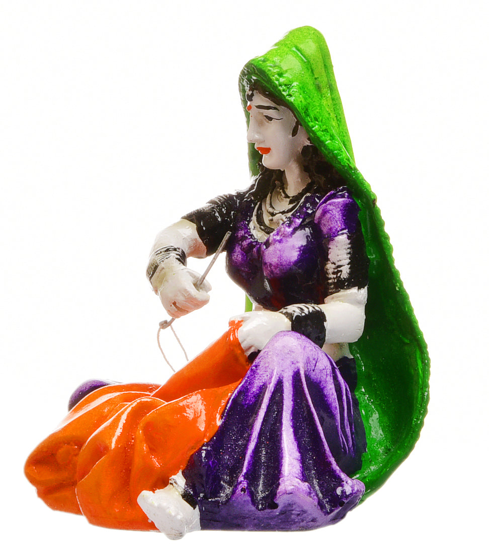 Handcrafted Rajasthani Woman Figurine Sewing Cloth Colorful Resin Art Sculpture for Home Décor & Gifting - Karigaari India Aesthetic Home Decor