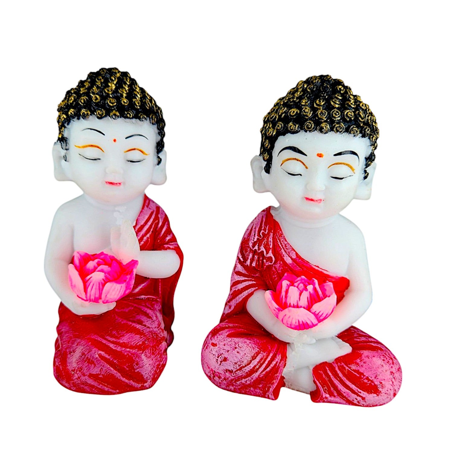 Graceful Collection Of 2 Resin Baby Buddha Idols With Lotus Meditating Buddha Showpieces In Red Robe For Home Decor Spiritual Corners Gifting Modern Ornament 2 Set of 2 Resin Baby Buddha Idols with Lotus | Meditating Buddha Showpieces in Red Robe for Home Decor, Spiritual Corners & Gifting | - Karigaari India Aesthetic Home Decor