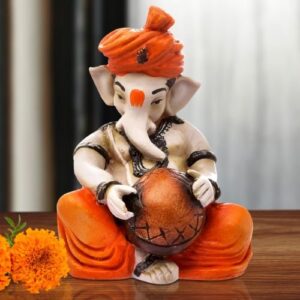 Little Lord Ganesha Idol Playing Instruments Best & Unique Design Orange for Home Decor - Karigaari India Aesthetic Home Decor