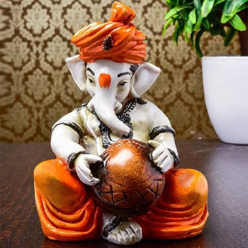 Graceful Little Lord Ganesha Figurine Playing Instruments Best One Of A Kind Design Orange For Home Decoration Premium Home Decor 2 Little Lord Ganesha Idol Playing Instruments Best & Unique Design Orange for Home Decor - Karigaari India Aesthetic Home Decor