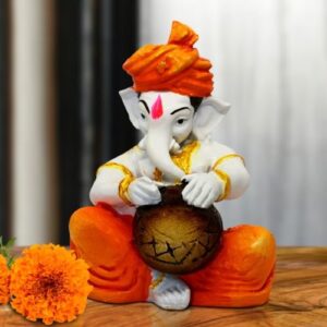 Lord Ganesha Idol Playing Instruments Best & Unique Design Orange & White for Home Decor - Karigaari India Aesthetic Home Decor