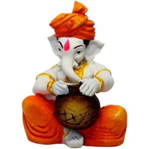 Lord Ganesha Idol Playing Instruments Best & Unique Design Orange & White for Home Decor - Karigaari India Aesthetic Home Decor