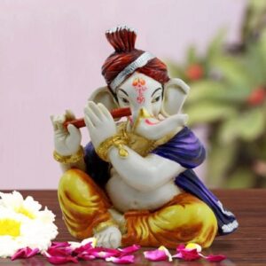 Lord Ganesha Playing Flute Multicolour Idol for Home Decor - Karigaari India Aesthetic Home Decor