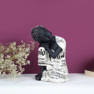 Modern Antique Buddha Statue with Newspaper Print Robe | Resin Meditation Figurine for Home Decor | Artistic Buddha Idol for Shelf, Table & Gifting - Karigaari India Aesthetic Home Decor