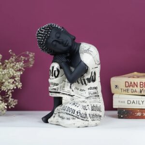 Modern Antique Buddha Statue with Newspaper Print Robe | Resin Meditation Figurine for Home Decor | Artistic Buddha Idol for Shelf, Table & Gifting - Karigaari India Aesthetic Home Decor