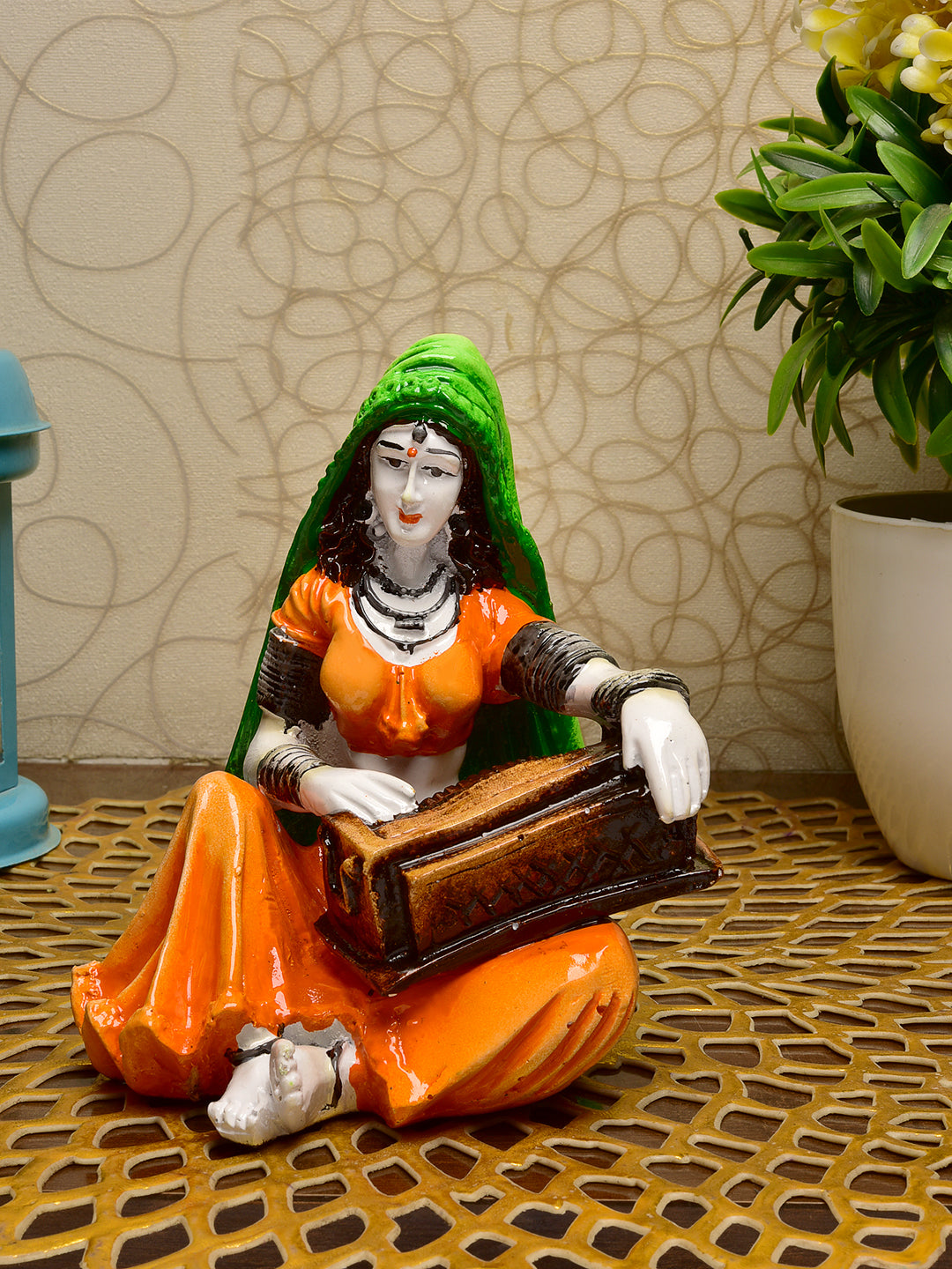 Graceful Musical Heritage Figure Artisan Painted Resin Rajasthani Lady Playing Instrument Artful Decor Piece 1 Musical Heritage Figurine: Hand-Painted Resin Rajasthani Lady Playing Instrument - Karigaari India Aesthetic Home Decor