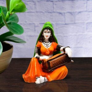 Musical Heritage Figurine: Hand-Painted Resin Rajasthani Lady Playing Instrument - Karigaari India Aesthetic Home Decor