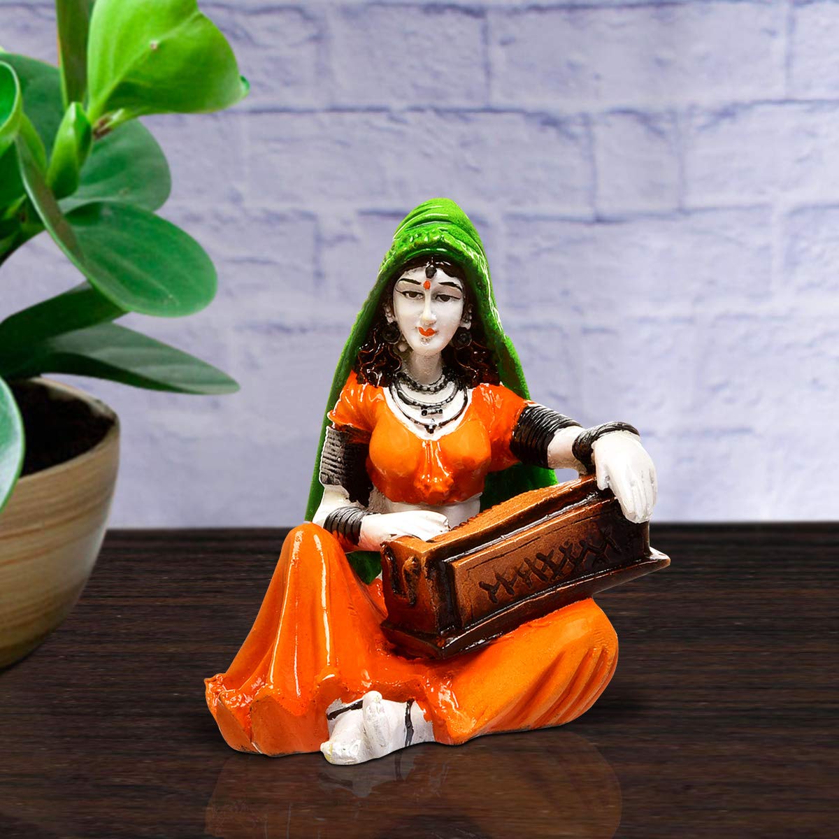 Graceful Musical Heritage Figure Artisan Painted Resin Rajasthani Lady Playing Instrument Artful Decor Piece 2 Musical Heritage Figurine: Hand-Painted Resin Rajasthani Lady Playing Instrument - Karigaari India Aesthetic Home Decor