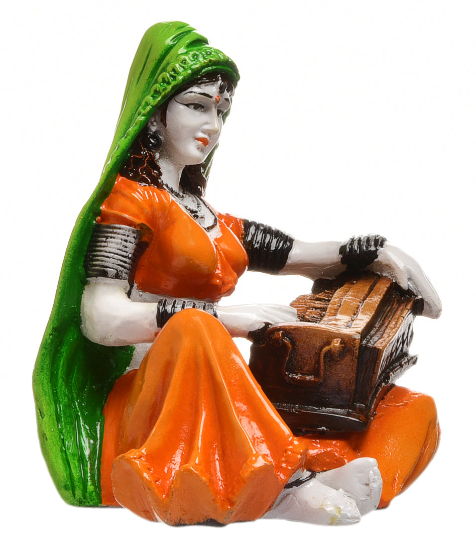 Graceful Musical Heritage Figure Artisan Painted Resin Rajasthani Lady Playing Instrument Artful Decor Piece 3 Musical Heritage Figurine: Hand-Painted Resin Rajasthani Lady Playing Instrument - Karigaari India Aesthetic Home Decor