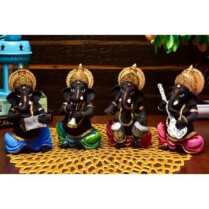 Unique Design Four Little Lord Ganesha Playing Instruments Idol Black Color Best Item for Home Decor - Karigaari India Aesthetic Home Decor