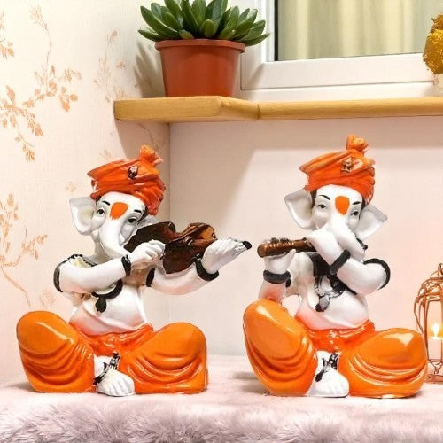 Unique Design Two Little Lord Ganesha Playing Instruments Idol Orange Color Best for Home Decor - Karigaari India Aesthetic Home Decor