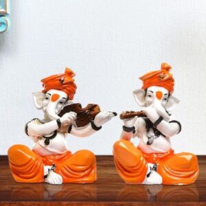 Unique Design Two Little Lord Ganesha Playing Instruments Idol Orange Color Best for Home Decor - Karigaari India Aesthetic Home Decor