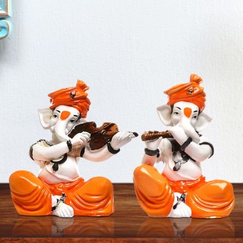 Unique Design Two Little Lord Ganesha Playing Instruments Idol Orange Color Best for Home Decor - Karigaari India Aesthetic Home Decor