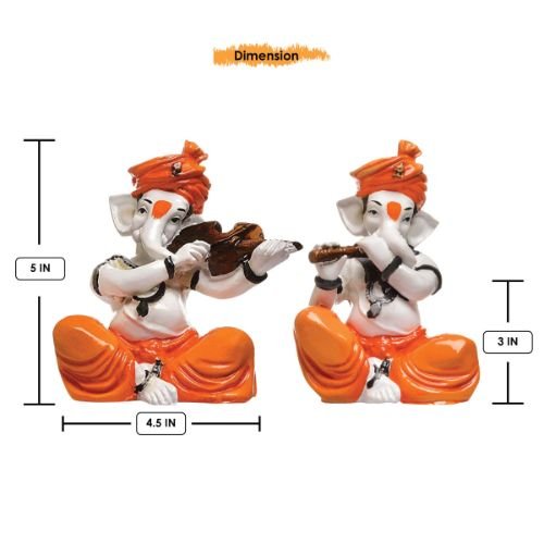 Unique Design Two Little Lord Ganesha Playing Instruments Idol Orange Color Best for Home Decor - Karigaari India Aesthetic Home Decor
