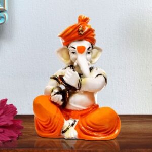 Unique Little Lord Ganesha Playing Manjira Idol Orange Best for Home Decor - Karigaari India Aesthetic Home Decor