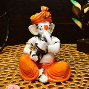 Unique Little Lord Ganesha Playing Manjira Idol Orange Best for Home Decor - Karigaari India Aesthetic Home Decor