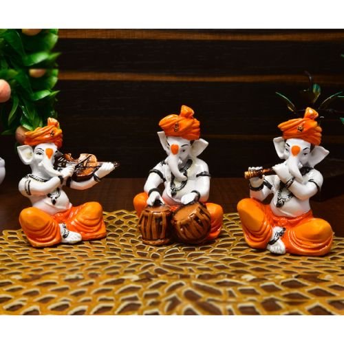 Graceful One Of A Kind Three Lord Ganesha Playing Instruments Figure Orange Best For Home Home Decor Modern Ornament 2 Unique Three Lord Ganesha Playing Instruments Idol Orange Best for Home Decor - Karigaari India Aesthetic Home Decor