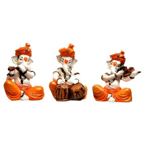 Graceful One Of A Kind Three Lord Ganesha Playing Instruments Figure Orange Best For Home Home Decor Modern Ornament 3 Unique Three Lord Ganesha Playing Instruments Idol Orange Best for Home Decor - Karigaari India Aesthetic Home Decor