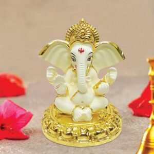 Plating Yellow Ceramic Ganesha Idol for Car Dashboard I Gifting - Karigaari India Aesthetic Home Decor