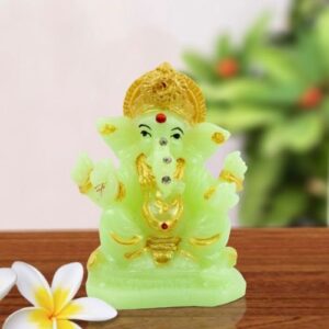 Small Lord Ganesha Sitting Wearing Gold Ornaments Crystal Green Idol for Home Decor - Karigaari India Aesthetic Home Decor