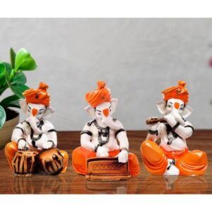 Three Little Lord Ganesha Playing Instruments Idol Orange Color Best & Unique for Home Decor - Karigaari India Aesthetic Home Decor