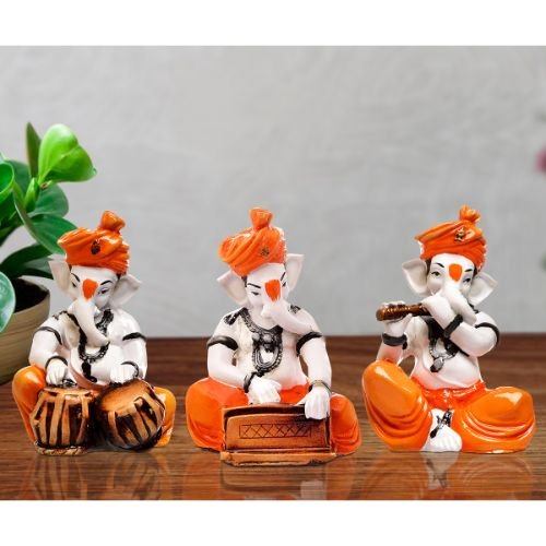 Three Little Lord Ganesha Playing Instruments Idol Orange Color Best & Unique for Home Decor - Karigaari India Aesthetic Home Decor