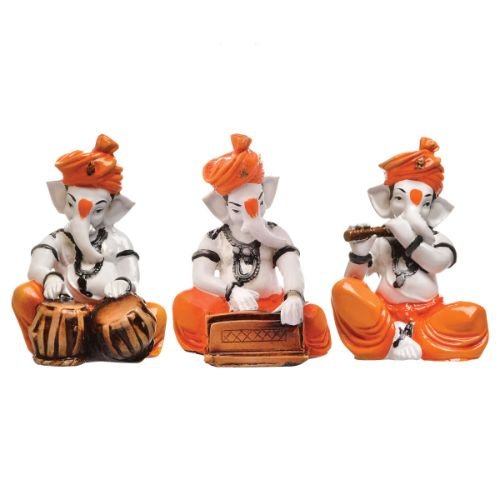 Three Little Lord Ganesha Playing Instruments Idol Orange Color Best & Unique for Home Decor - Karigaari India Aesthetic Home Decor