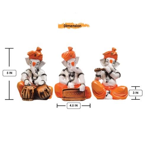 Three Little Lord Ganesha Playing Instruments Idol Orange Color Best & Unique for Home Decor - Karigaari India Aesthetic Home Decor