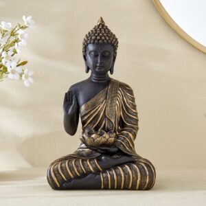 Black Gold Buddha Statue Meditation | Antique Finish Blessing Buddha Figurine | Zen Buddhist Home Decor | Abhaya Mudra Protection Sculpture | Resin Sitting Buddha | Spiritual Feng Shui Gift | - Karigaari India Aesthetic Home Decor