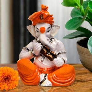 Unique Design Little Lord Ganesha Playing Instruments Idol Orange Best Item for Home Decor - Karigaari India Aesthetic Home Decor