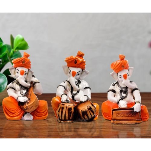 Unique Design Three Little Lord Ganesha Playing Instruments Idol Orange Color Best for Home Decor - Karigaari India Aesthetic Home Decor