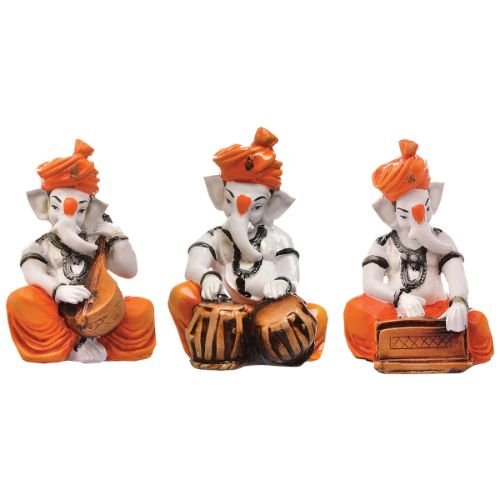 Unique Design Three Little Lord Ganesha Playing Instruments Idol Orange Color Best for Home Decor - Karigaari India Aesthetic Home Decor