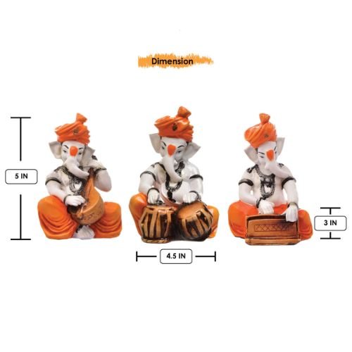 Unique Design Three Little Lord Ganesha Playing Instruments Idol Orange Color Best for Home Decor - Karigaari India Aesthetic Home Decor