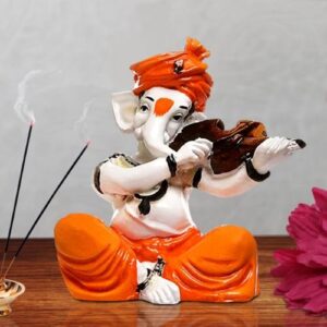 Unique Little Lord Ganesha Playing Violin Idol Orange Best for Home Decor - Karigaari India Aesthetic Home Decor