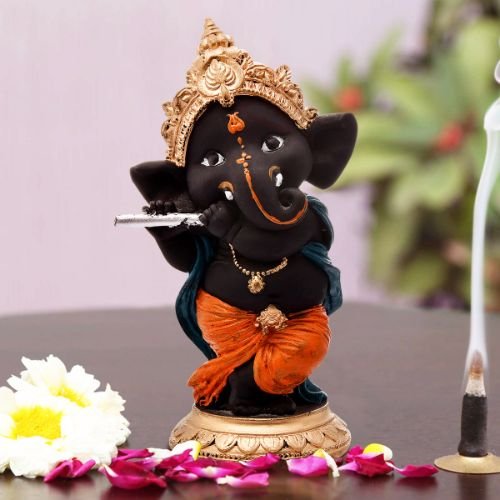 Luxurious Distinctive Little Lord Ganesha Standing Playing Flute With One Leg Figurine Black Color Best Item For Home Decor Luxurious Accent 1 Unique Little Lord Ganesha Standing & Playing Flute With One Leg Idol Black Color Best Item for Home Decor - Karigaari India Aesthetic Home Decor