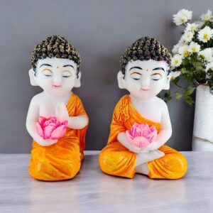 Pair of Hand-Painted Baby or individual Buddha with Lotus - Meditation Decor Set - Karigaari India Aesthetic Home Decor