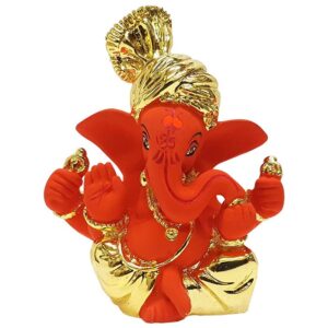 Orange & Gold Pagdi Ganesha for Car Dashboard & Gifting Purpose - Karigaari India Aesthetic Home Decor