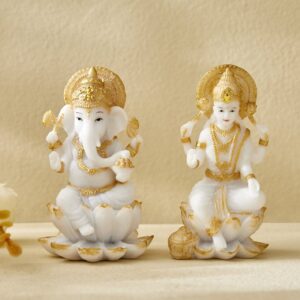 White Gold Ganesha Laxmi Resin Set - Karigaari India Aesthetic Home Decor